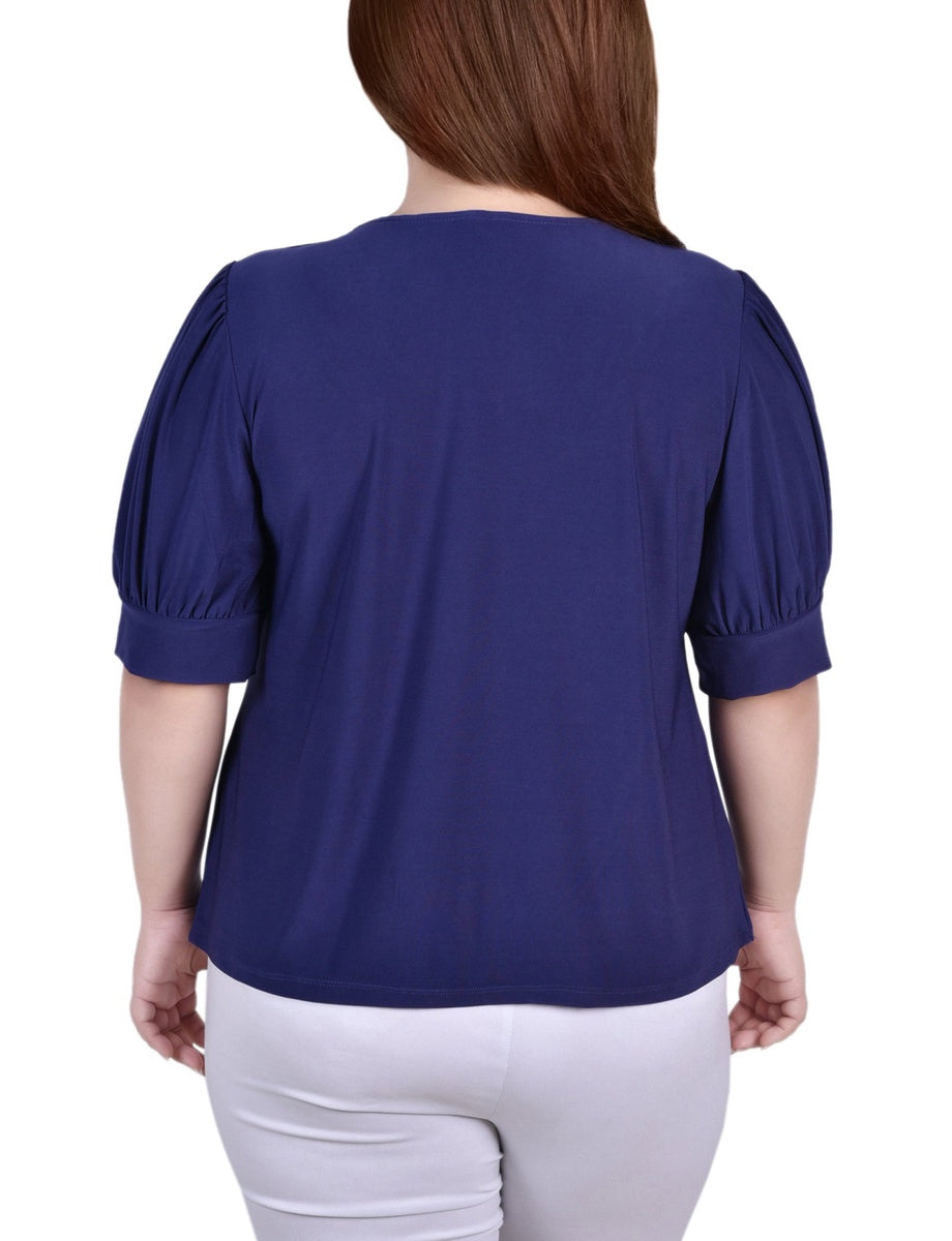  NY Collection Plus Size Short Sleeve Balloon Sleeve Top With Hardware - Bittersweet - Bonton