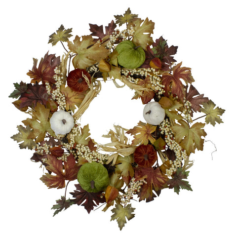 Green Pumpkins and Straw Artificial Fall Harvest Wreath - 24 Inch  Unlit