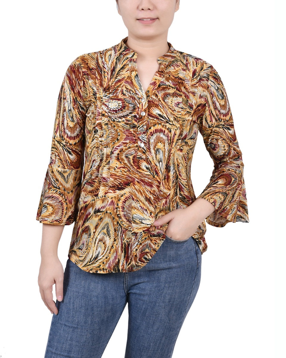  NY Collection 3/4 Bell Sleeve Pleat Front Y Neck Top - Mauve Tie Dye - Bonton