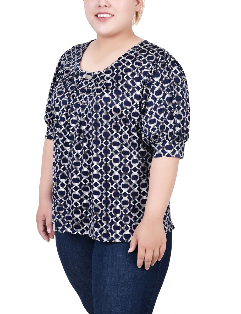  NY Collection Plus Size Short Sleeve Balloon Sleeve Top With Hardware - Black Taupe Zebra - Bonton