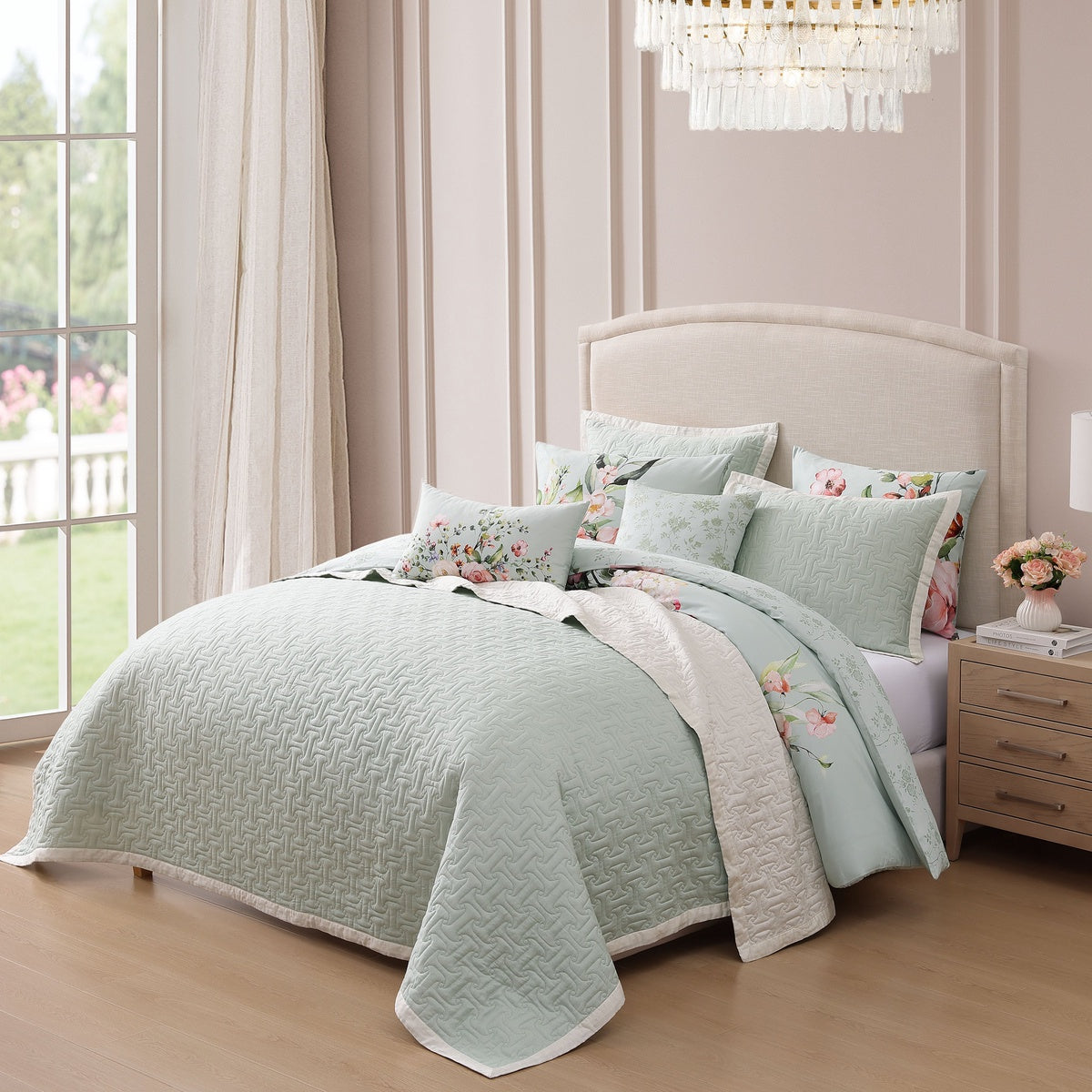  Bebejan Bebejan Rose on Misty Green 8 Piece Reversible Comforter & Coverlet Set - QUEEN - Bonton