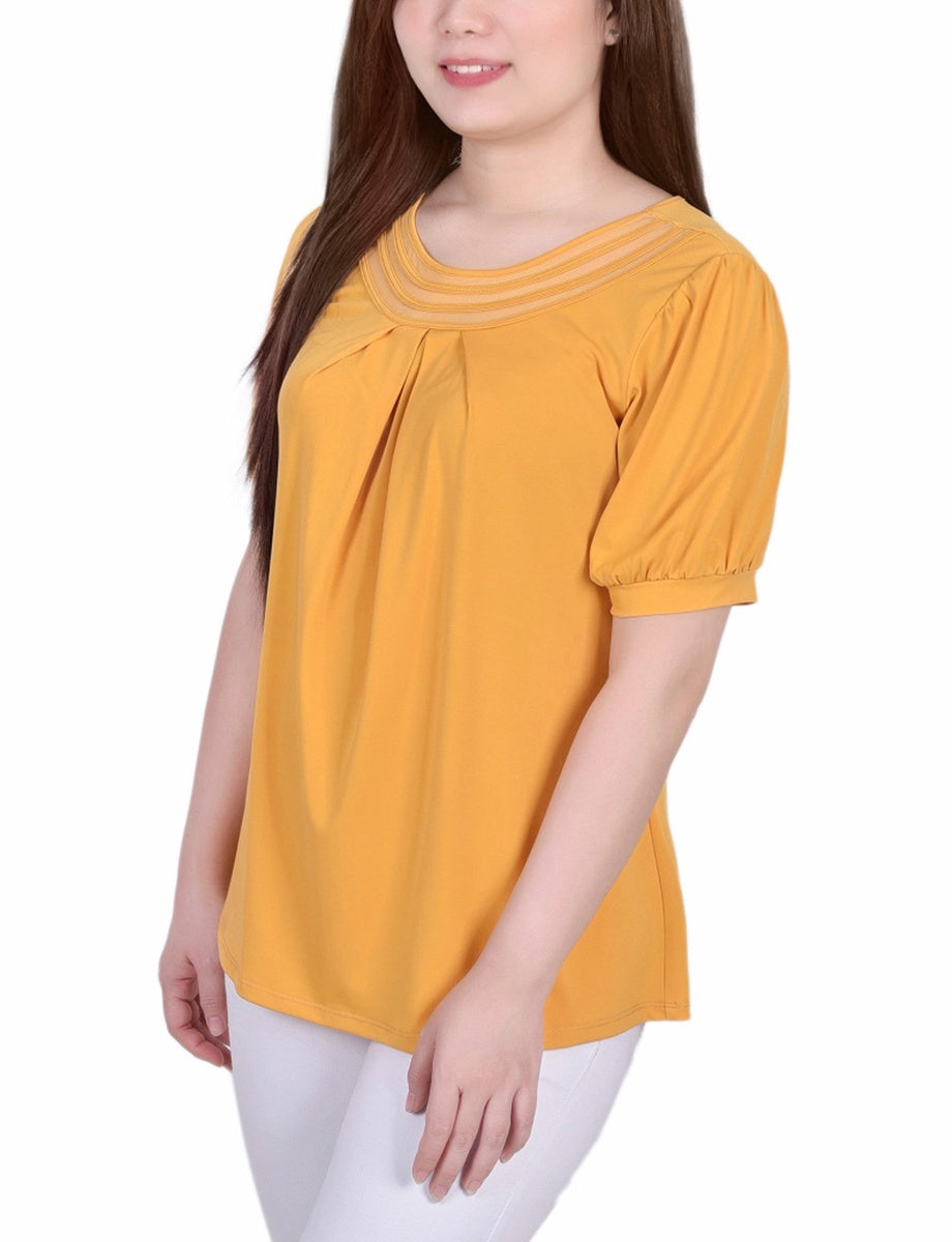  NY Collection Petite Short Puff Sleeve Sheer Inset Top - Black - Bonton