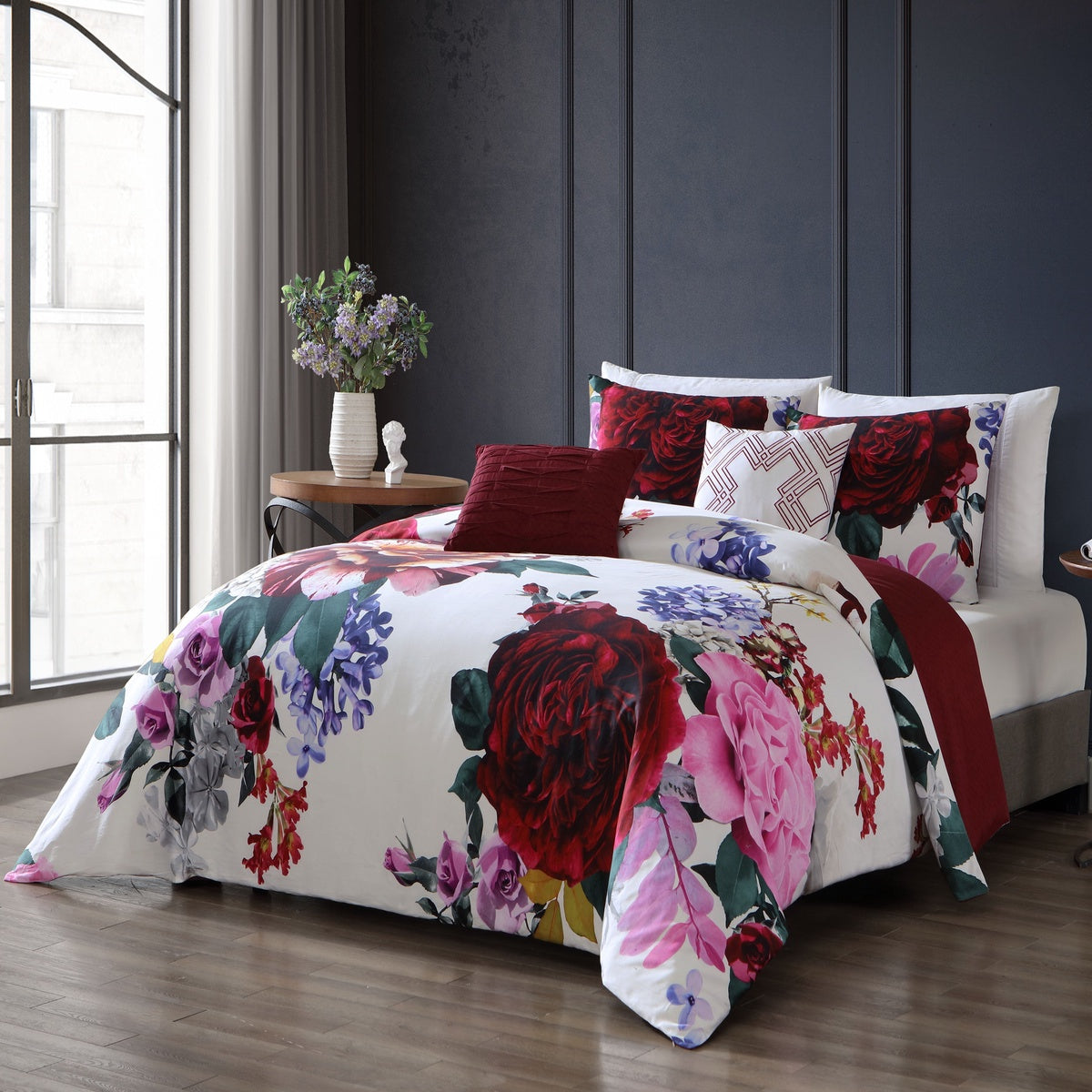  Bebejan Magenta Floral 100% Cotton 5 Piece Reversible Comforter Set - QUEEN - Bonton