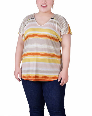 Plus Size Short Sleeve Striped v Neck Top