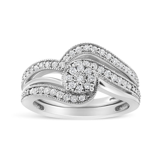 .925 Sterling Silver 1/3ct Cttw Multi-Diamond Bypass Vintage-Style Bridal Set Ring and Band (I-J Color, I3 Clarity) - Size 11