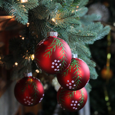 4ct Matte Red With Pine Needles Glass Christmas Ball Ornaments 3.25" (80mm)