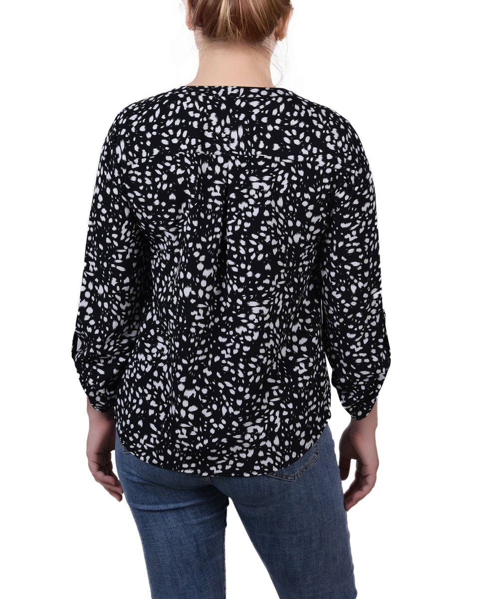  NY Collection Petite 3/4 Sleeve Roll Tab Y Neck Blouse - Black White Abstract - Bonton