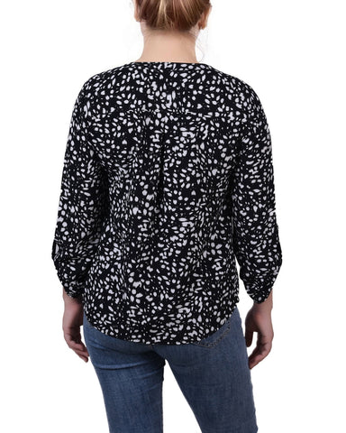 Petite 3/4 Sleeve Roll Tab Y Neck Blouse