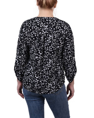 Petite 3/4 Sleeve Roll Tab Y Neck Blouse