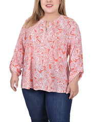 Plus Size Long Roll Tab Sleeve Pintuck Front Blouse