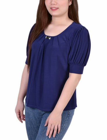 Short Sleeve Balloon Sleeve Top With Hardware