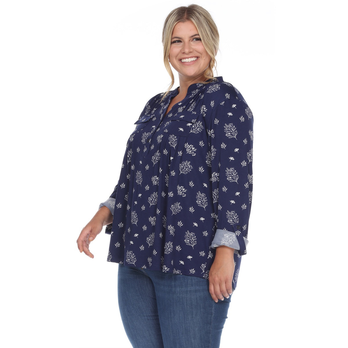  White Mark Plus Size Pleated Long Sleeve Leaf Print Blouse - 1X - Bonton