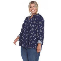 Plus Size Pleated Long Sleeve Leaf Print Blouse