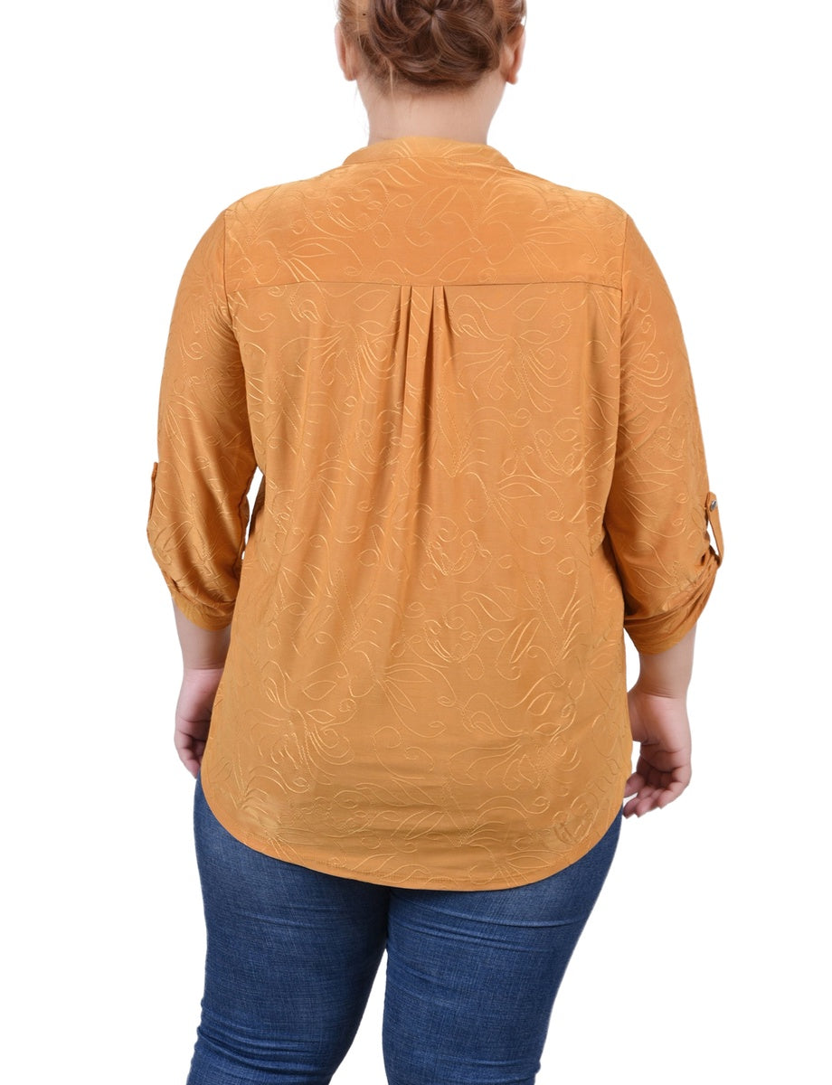  NY Collection Plus Size 3/4 Roll Tab Pullover Top - Beet Red - Bonton