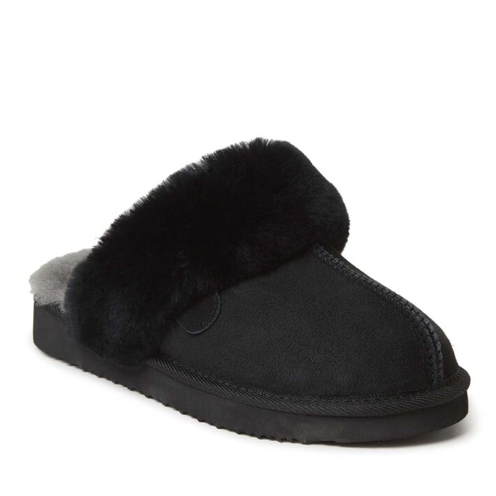  Dearfoams Fireside by Women's Sydney Shearling Fur Indoor/Outdoor Scuff Slipper - Black - Bonton