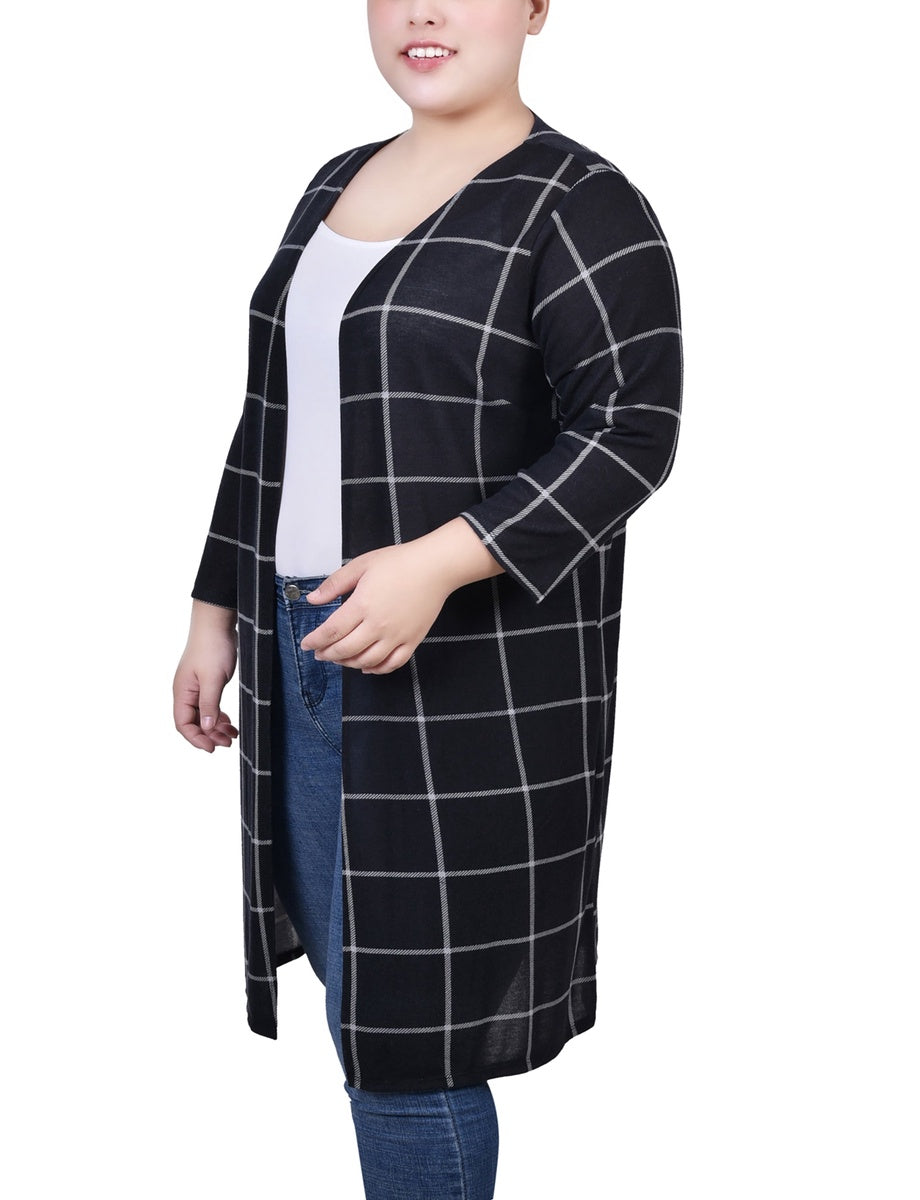  NY Collection Plus Size 3/4 Sleeve Knit Cardigan - Black White Plaid - Bonton