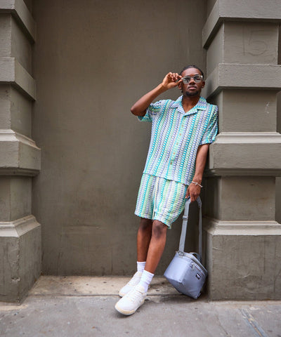 Textured Knit Short Sleeve Button Down Shirt - Light Blue