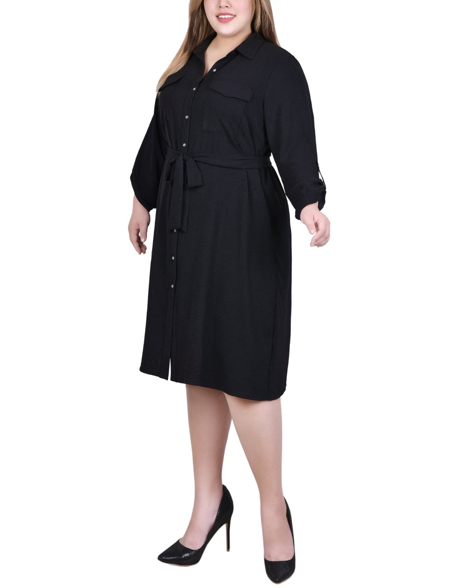  NY Collection Plus Size Long Roll Tab Sleeve Shirtdress - Burnt Olive - Bonton