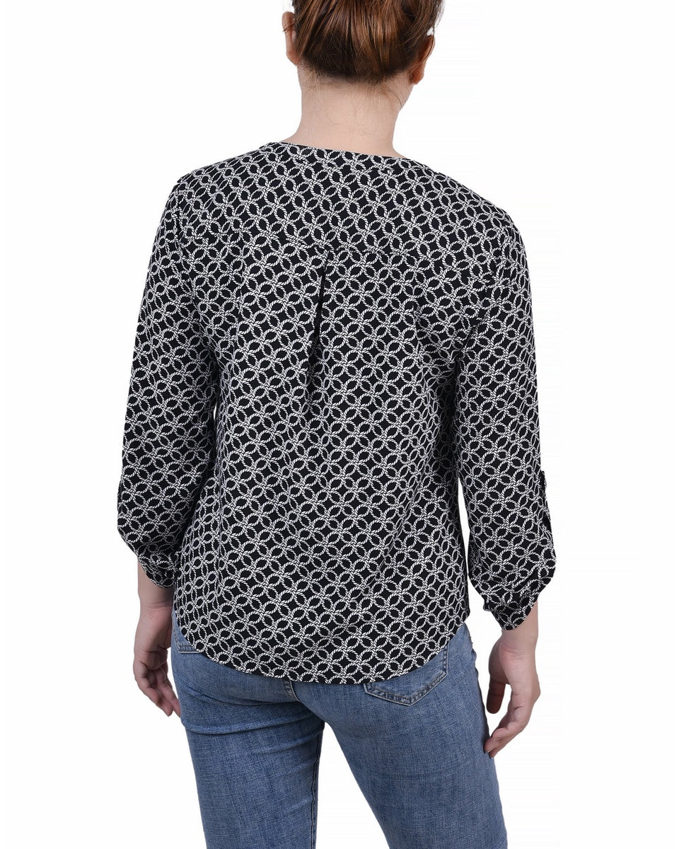  NY Collection Petite 3/4 Sleeve Roll Tab Y Neck Blouse - Black White Abstract - Bonton