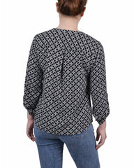 Petite 3/4 Sleeve Roll Tab Y Neck Blouse