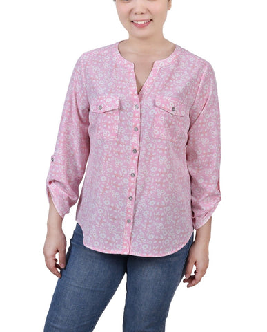Petite 3/4 Sleeve Roll Tab Y Neck Blouse