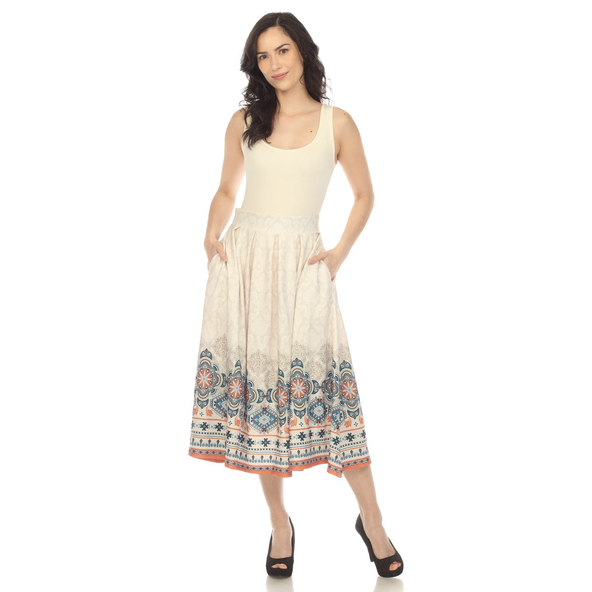  White Mark Women's Pleated Skirt With Border Prints - S - Bonton