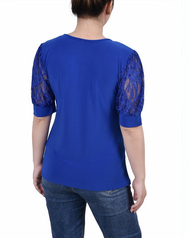 Petite Short Puff Sleeve Top With Lace Sleeves and Yoke