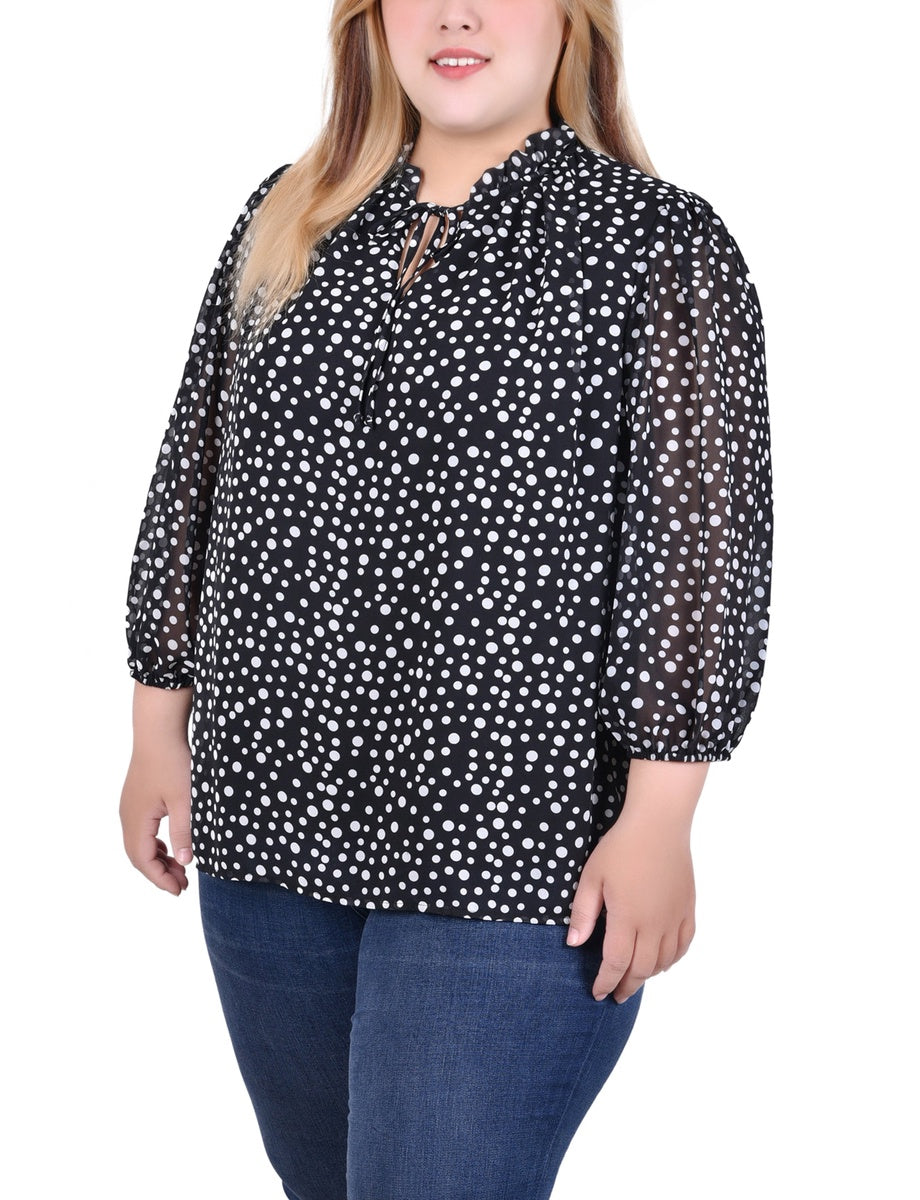  NY Collection Plus Size 3/4 Sleeve Chiffon Blouse - Black Lace Floral - Bonton