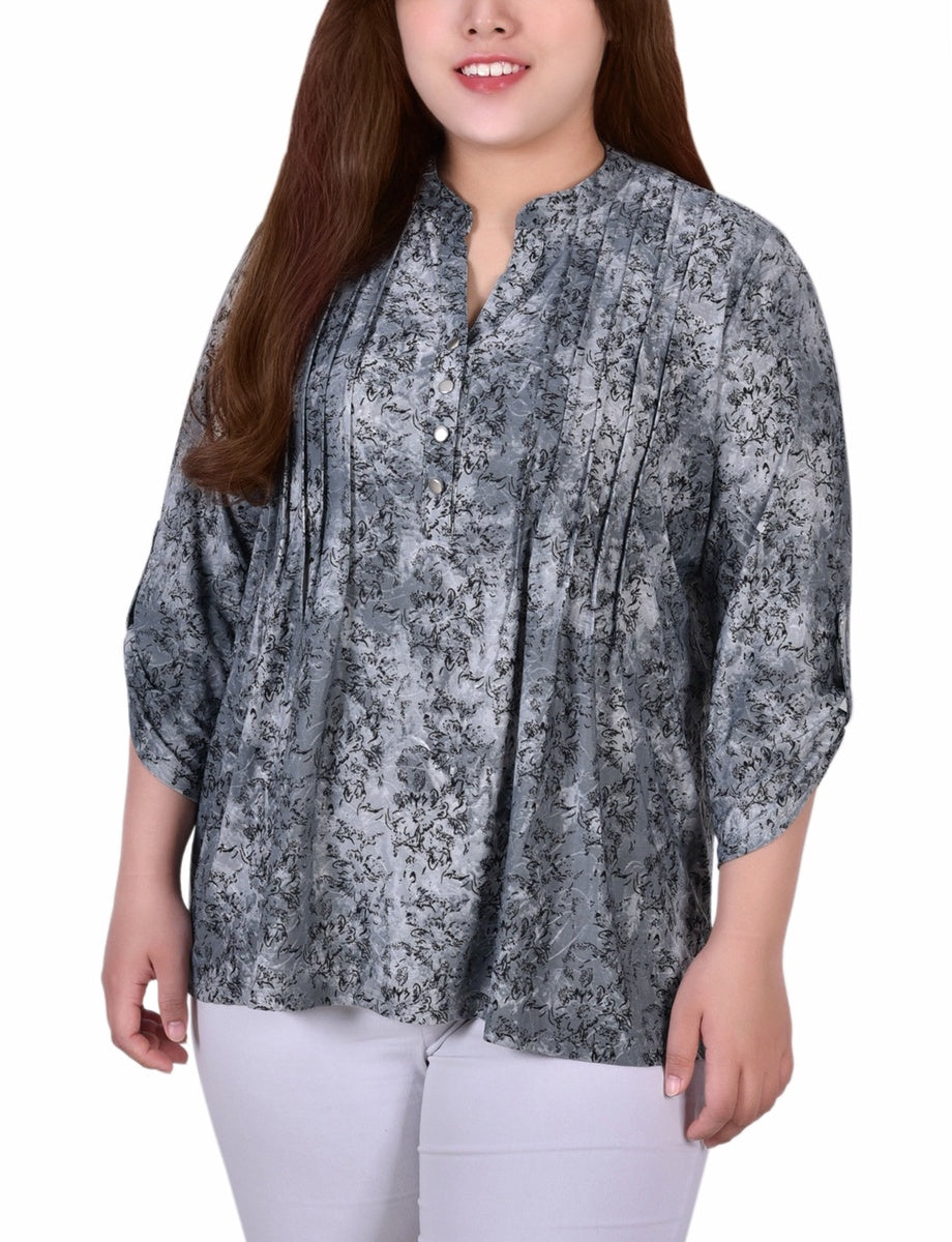  NY Collection Plus Size 3/4 Roll Tab Sleeve Y Neck Top - Grey Floral - Bonton