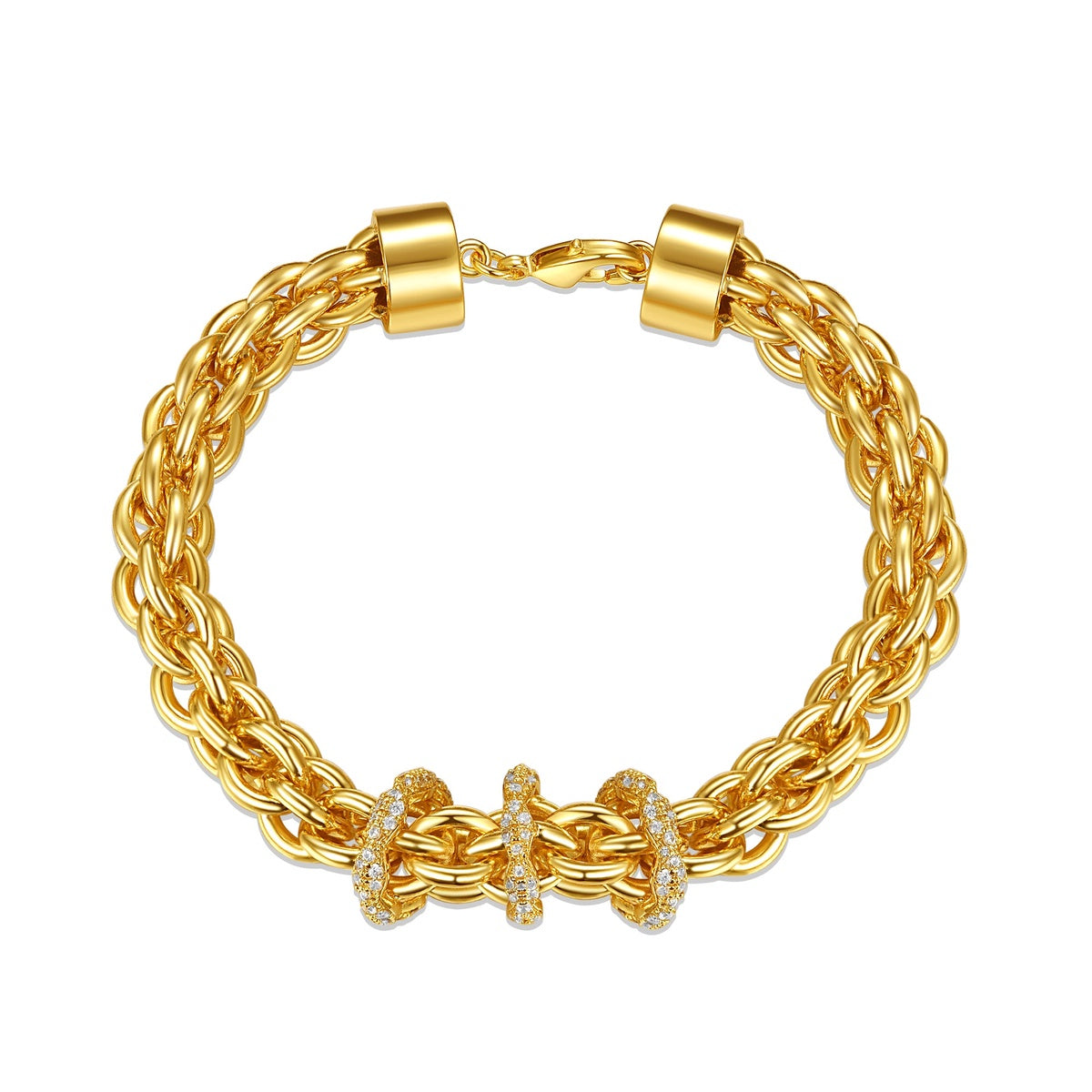  Rachel Glauber 14k Yellow Gold Plated With Cubic Zirconia Triple Circle Round Woven Braided Link Chain Bracelet - Default Title - Bonton