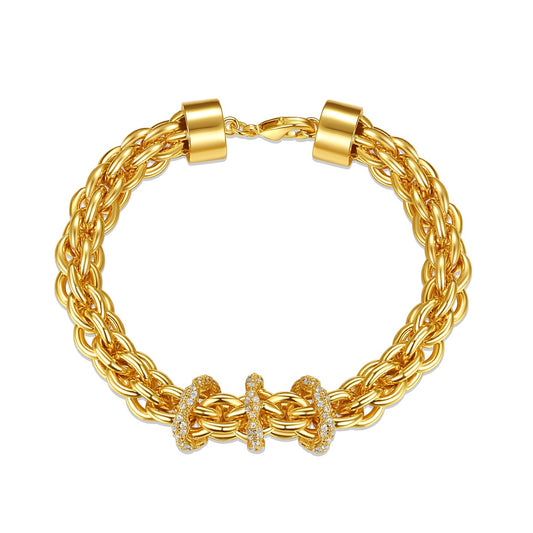 14k Yellow Gold Plated With Cubic Zirconia Triple Circle Round Woven Braided Link Chain Bracelet