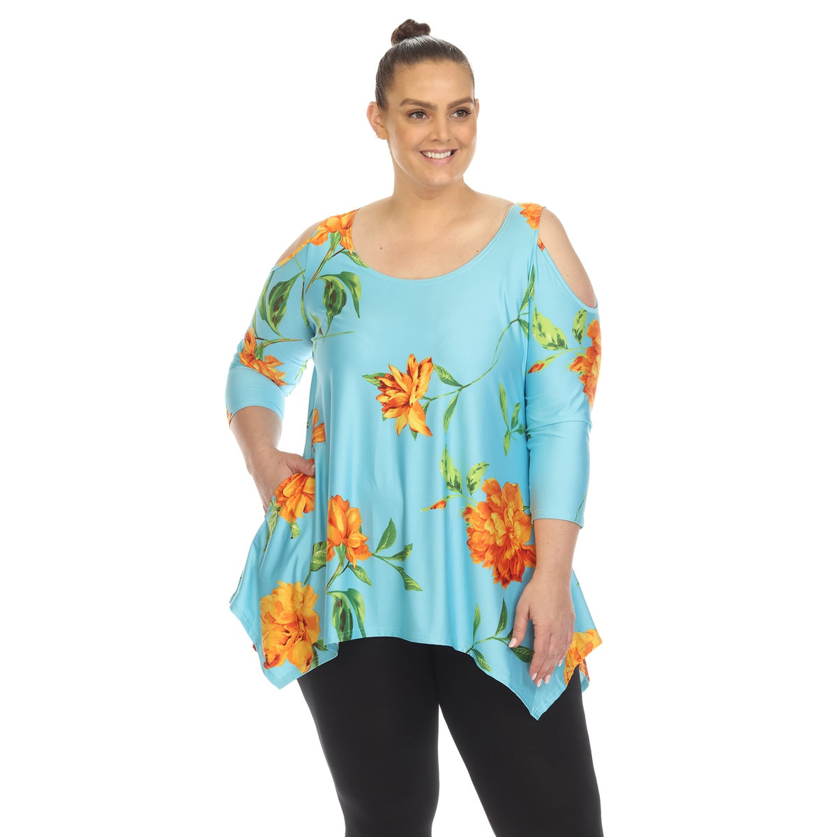  White Mark Plus Size Floral Printed Cold Shoulder Tunic - 1X - Bonton