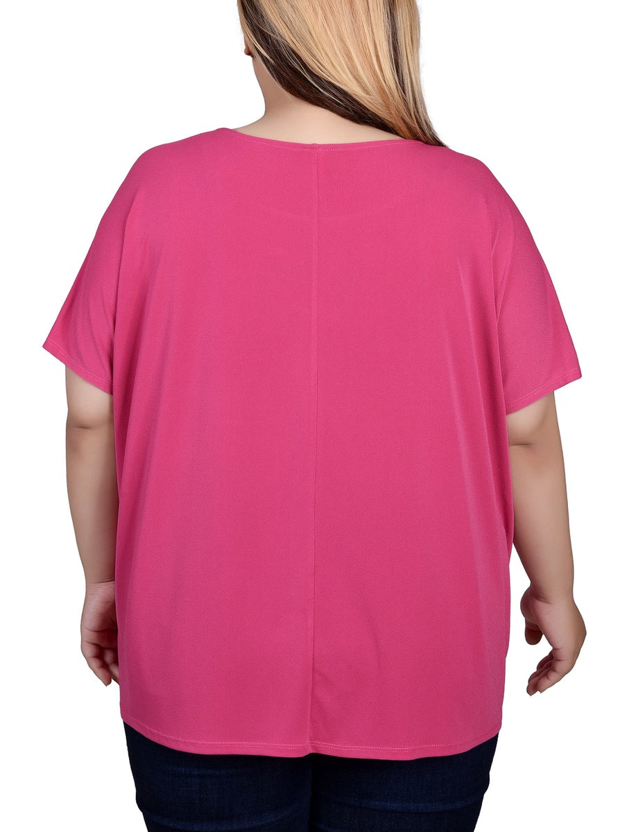  NY Collection Plus Size Short Sleeve Extended Sleeve Tunic Top - Magenta - Bonton