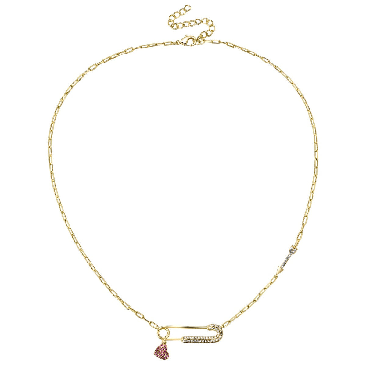  Rachel Glauber Children's 14k Gold Plated With Ruby & Cubic Zirconia Heart Charm Dangle Paperclip Adjustable Length Necklace - Pink - Bonton