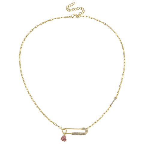 Children's 14k Gold Plated With Ruby & Cubic Zirconia Heart Charm Dangle Paperclip Adjustable Length Necklace