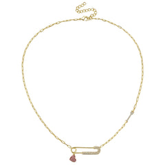 Children's 14k Gold Plated With Ruby & Cubic Zirconia Heart Charm Dangle Paperclip Adjustable Length Necklace