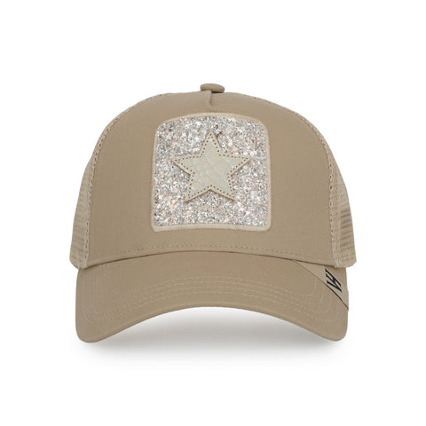 Vintage Havana Trucker Hat for Women – Khaki Mesh & Canvas Adjustable Cap With Glitter Patch & Crocodile Star
