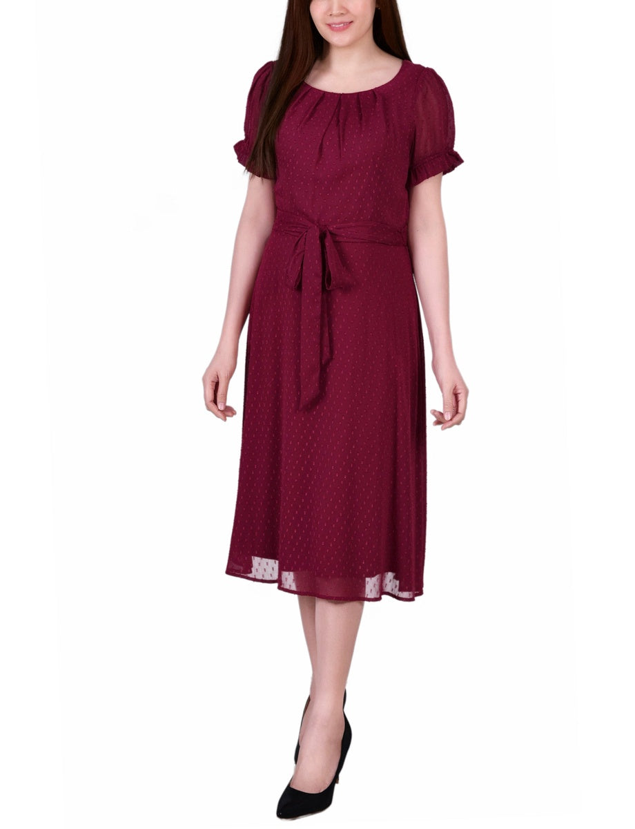  NY Collection Short Sleeve Belted Swiss Dot Dress - Mellow Rose Rectangle - Bonton