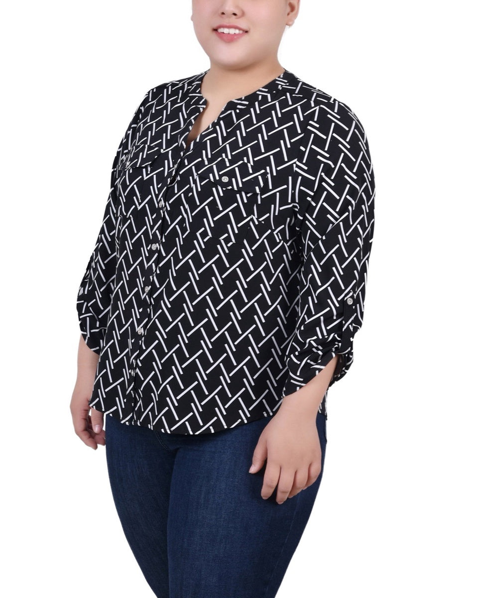  NY Collection Plus Size 3/4 Roll Tab Sleeve Y-Neck Blouse - Black White Rope Iconic - Bonton