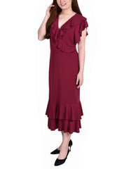 Short Flutter Sleeve Ruffle Neck Dress