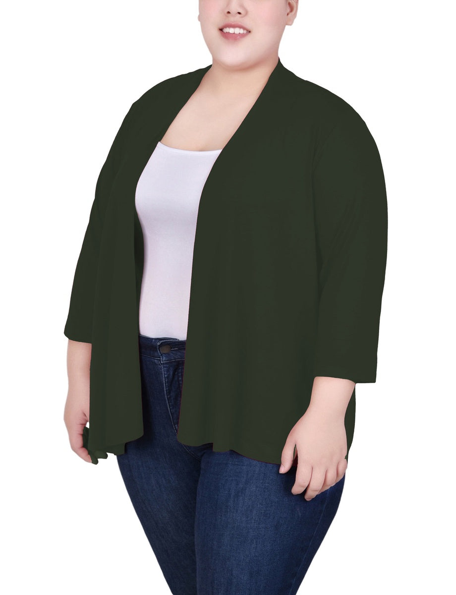  NY Collection Plus Size Solid 3/4 Sleeve Cardigan - Black - Bonton