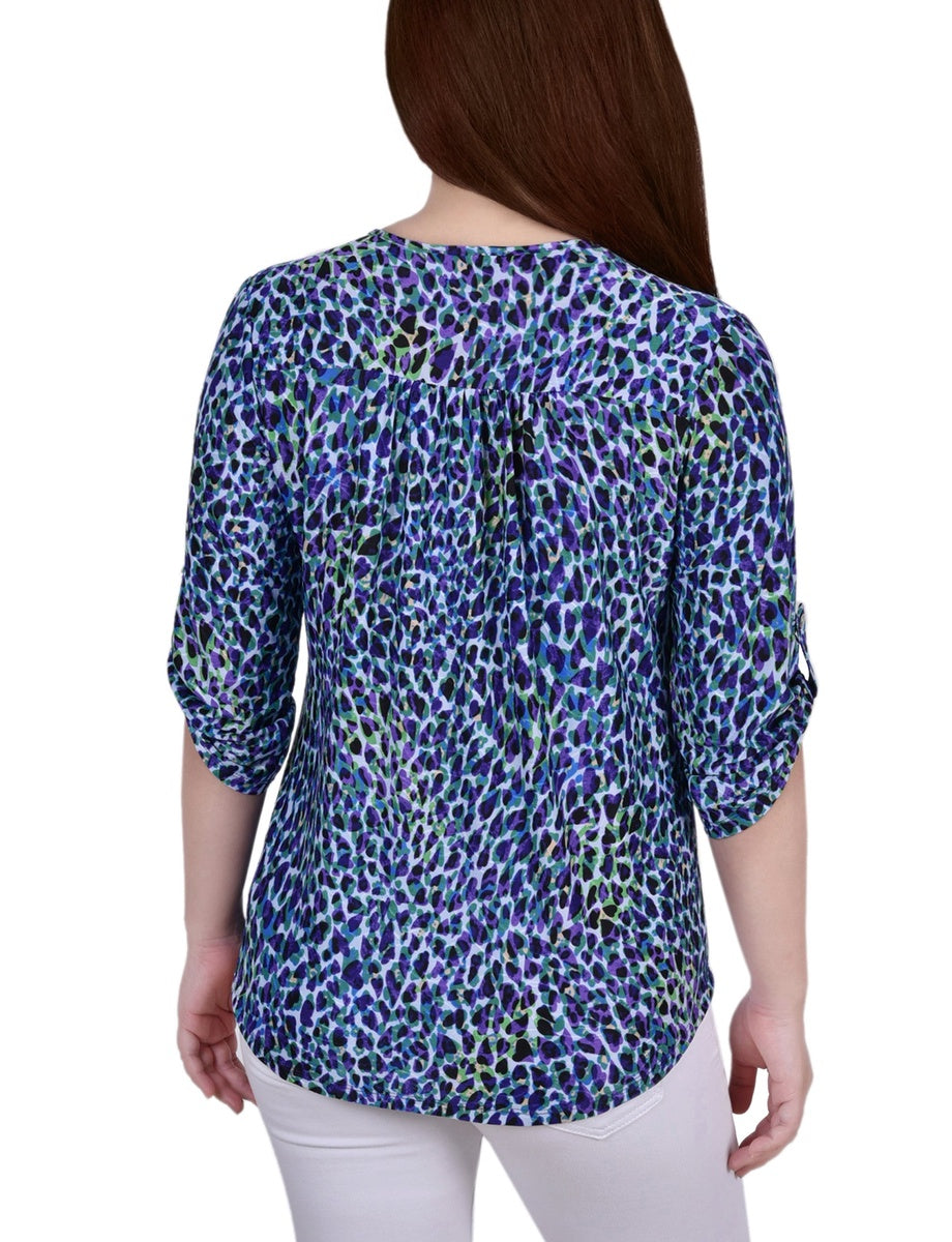  NY Collection 3/4 Roll Tab Zip Front Jacquard Knit Top - Red Sakadotduo - Bonton