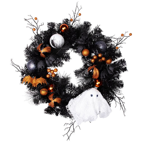 Ornaments and Ghost Halloween Twig Pine Wreath - 24" - Orange and Black - Unlit