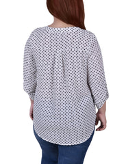 Plus Size 3/4 Sleeve Mandarin Collar Blouse With Front Pleats