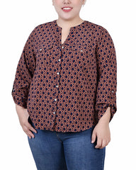 Plus Size 3/4 Roll Tab Sleeve Y-Neck Blouse