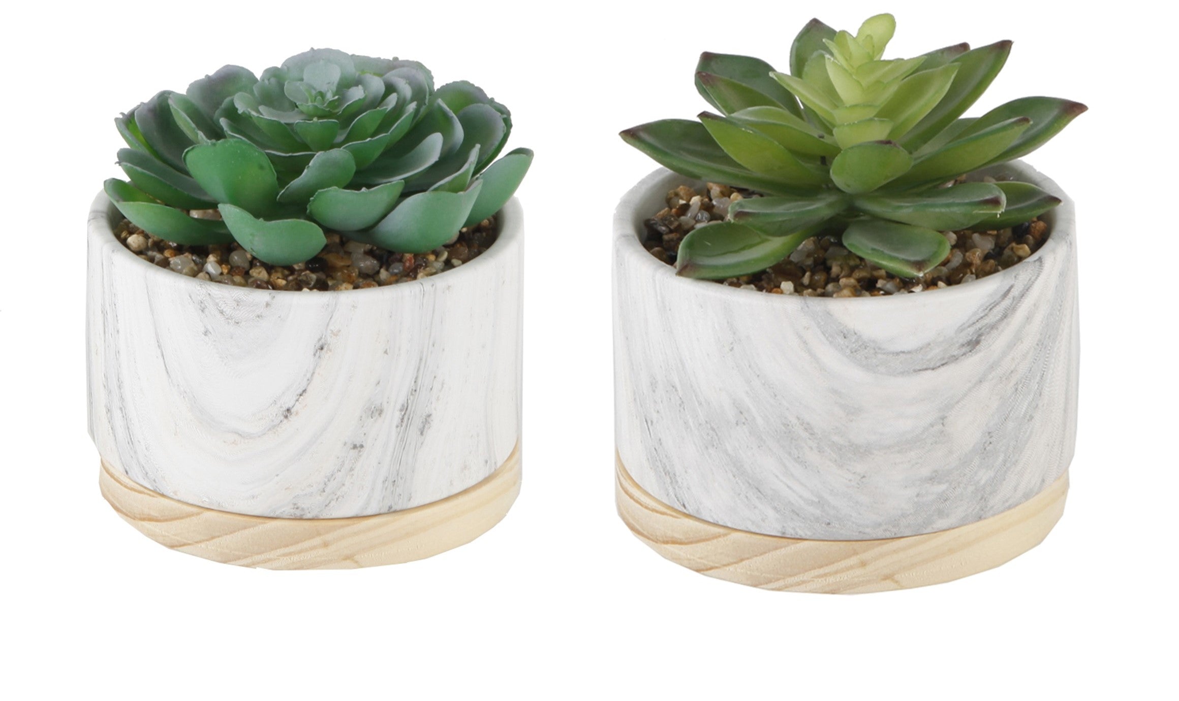  Flora Bunda Marble Patterned Mini Pots on Wood Base - White - Bonton