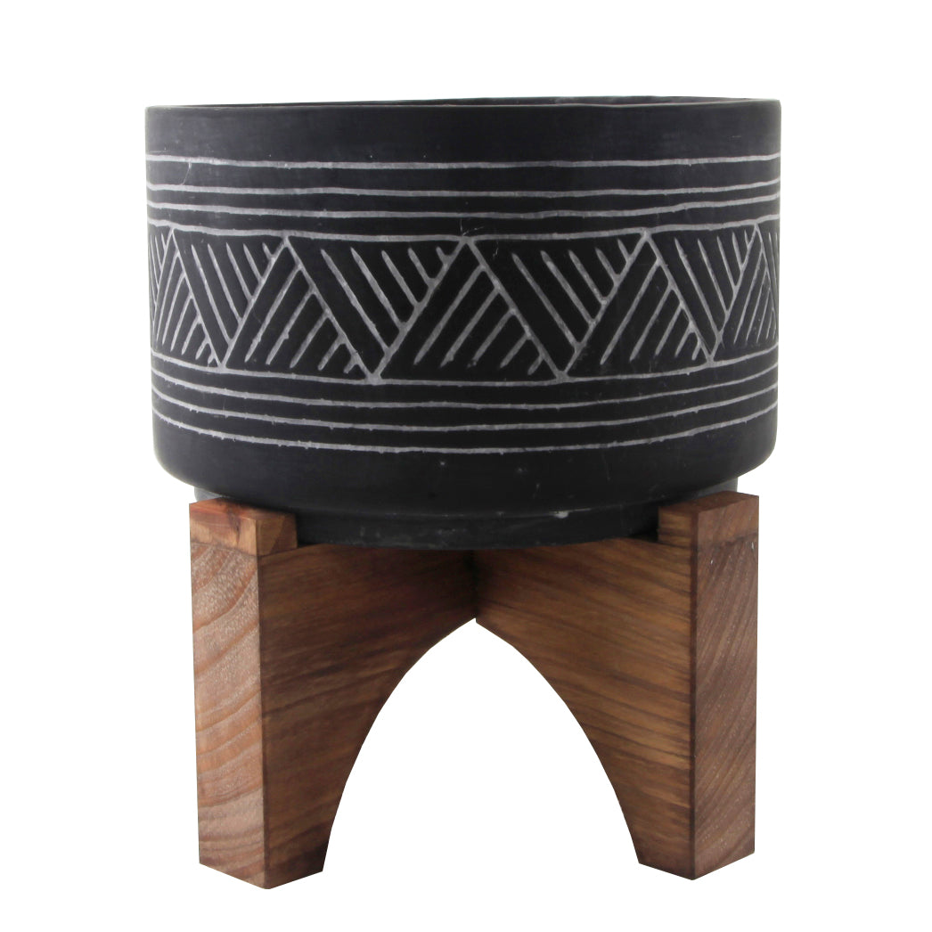  Flora Bunda Black Cement Planter With Wood Stand - Black - Bonton