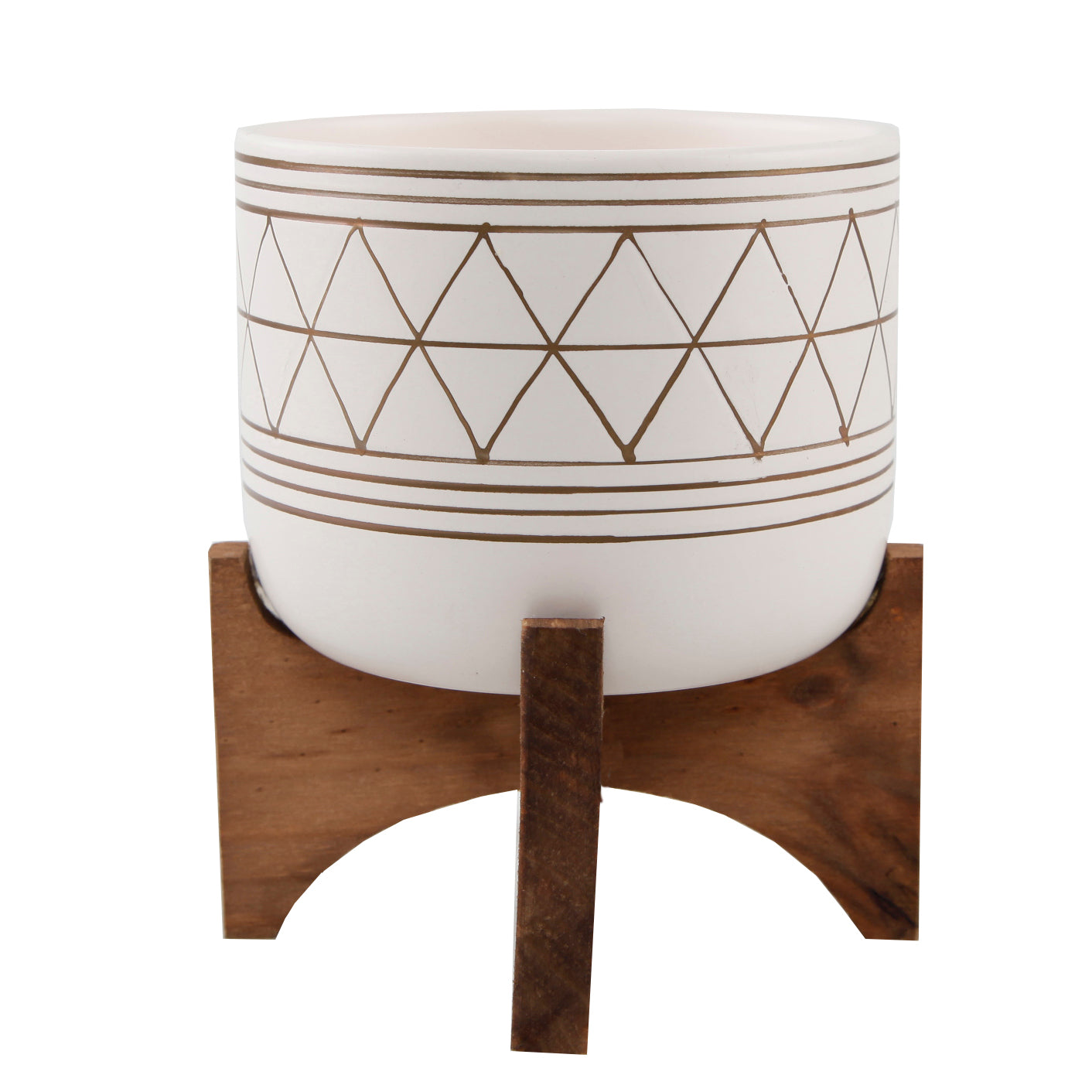  Flora Bunda White with Gold Patterned Planter on Wood Stand - White/Gold - Bonton