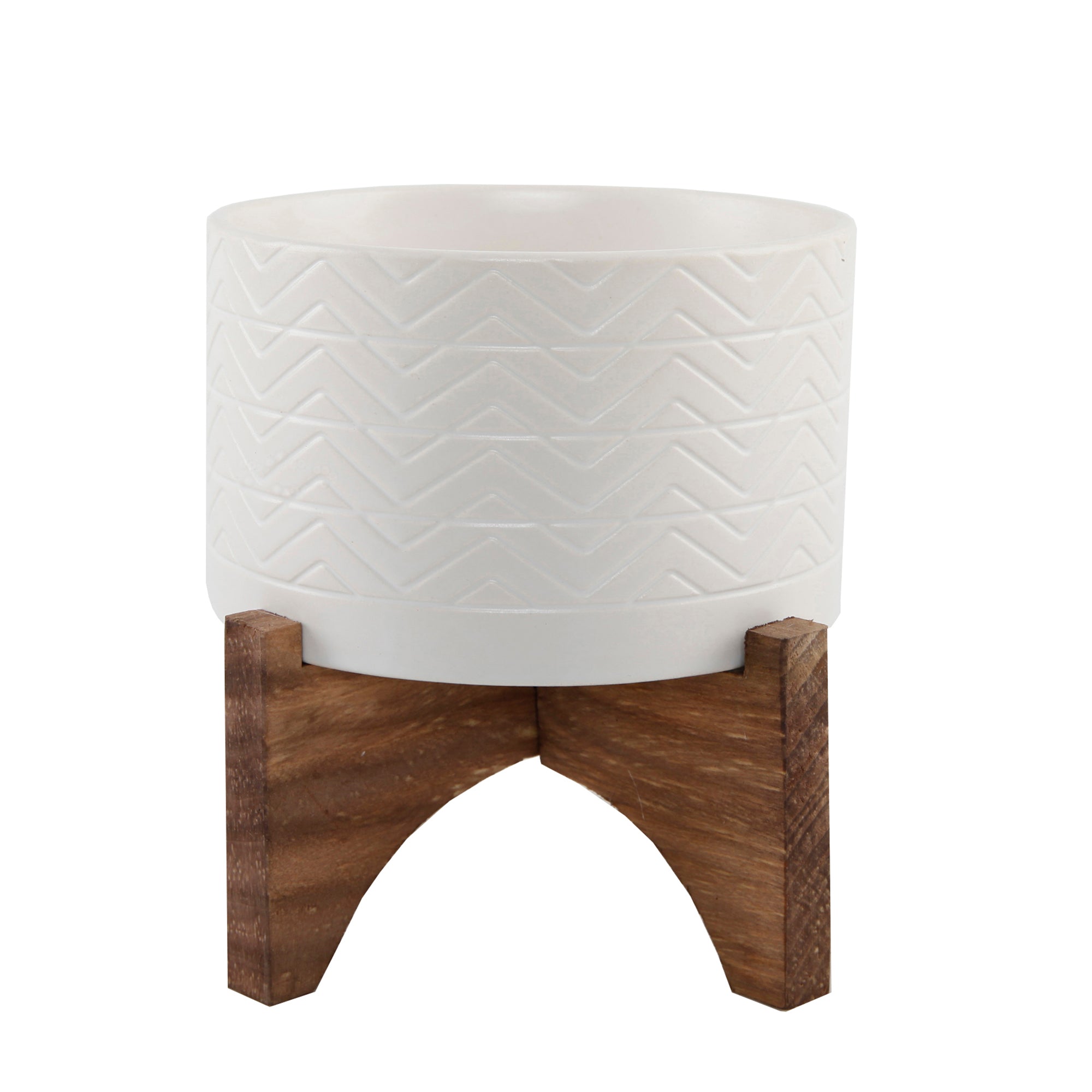  Flora Bunda White Herringbone Ceramic Planter On Wood Stand - Matte White - Bonton