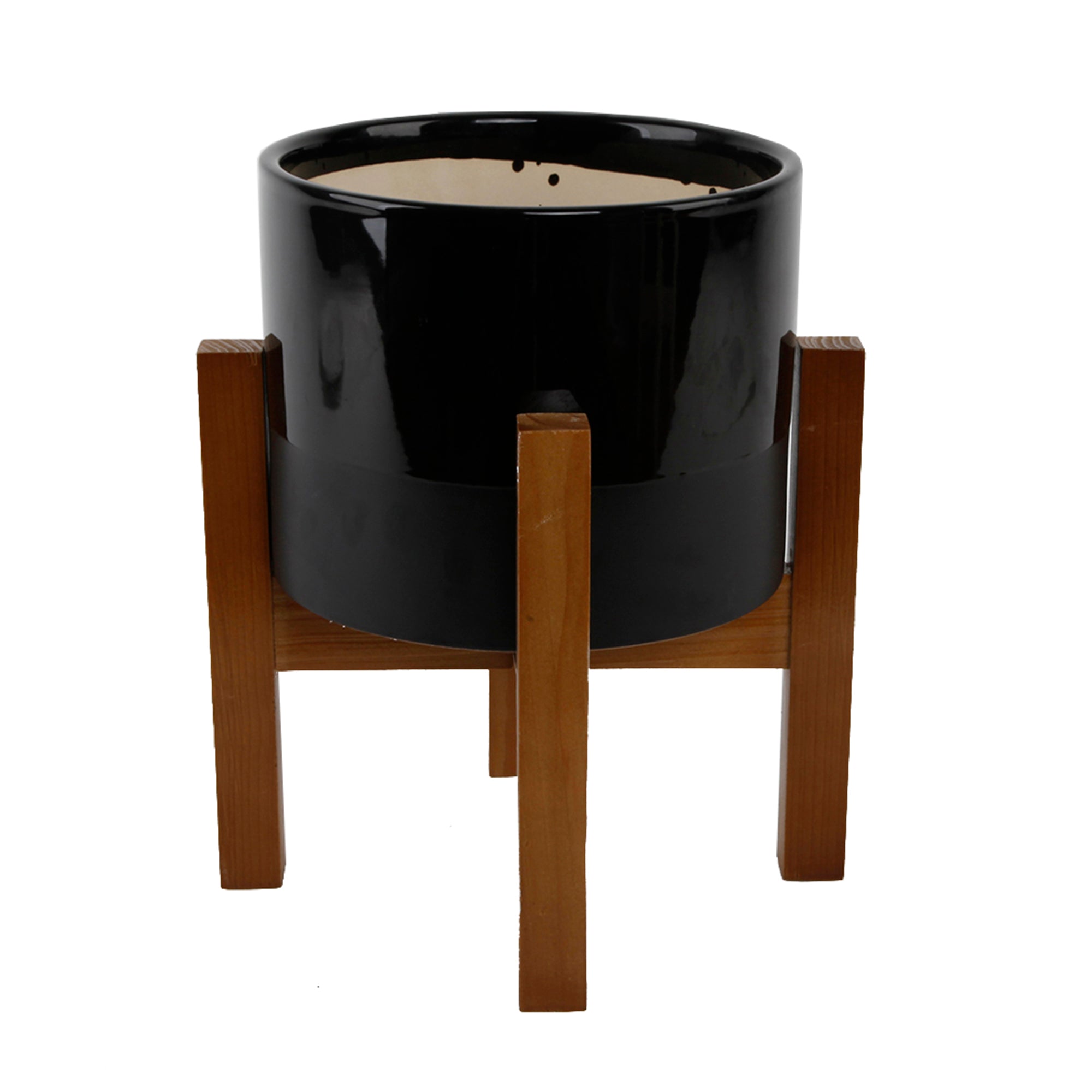  Flora Bunda Large Duo Textured Black Pot On Wood Stand - Black - Bonton